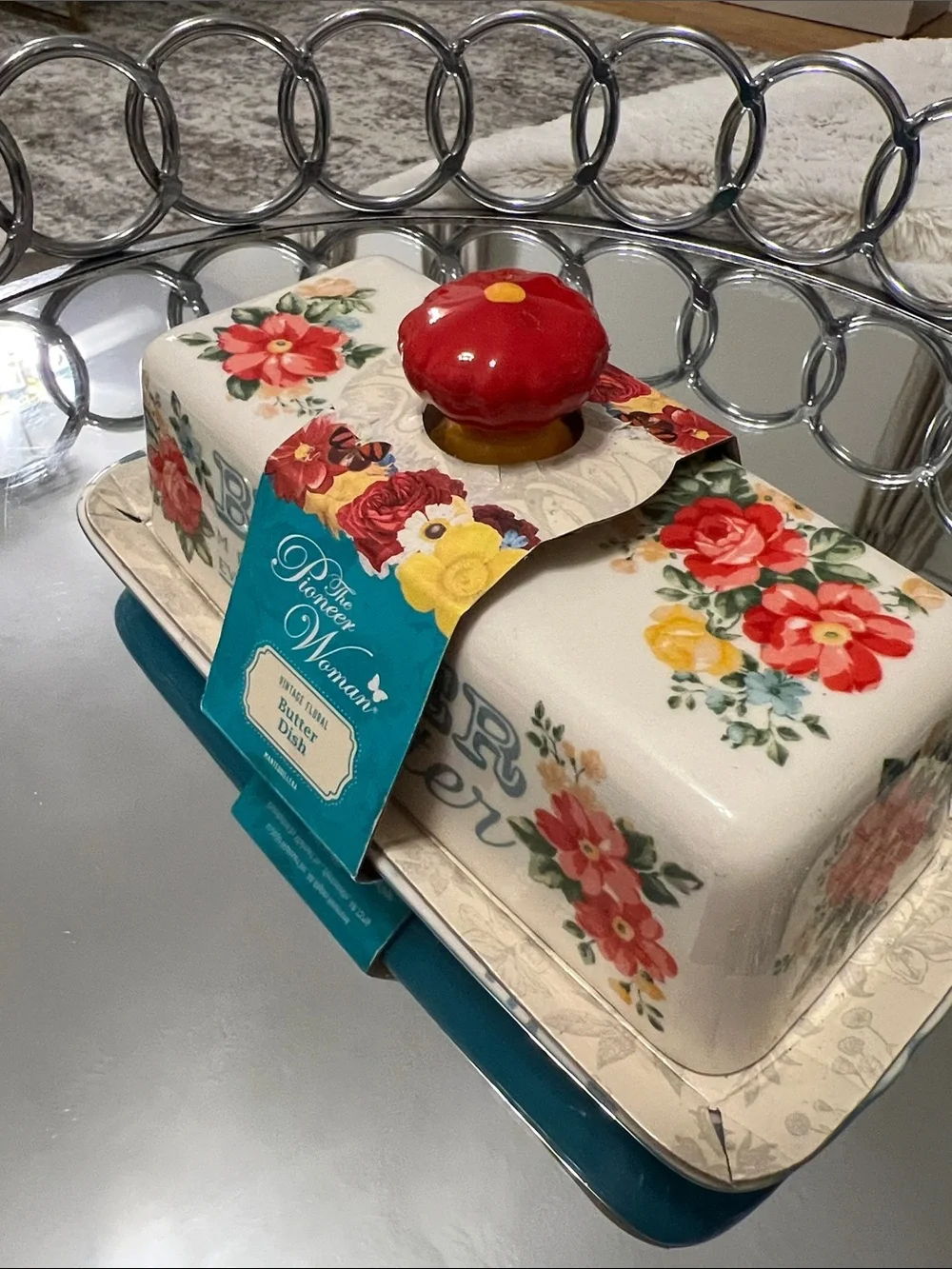 The Pioneer Woman Cream Floral Butter Dish with Red Knob